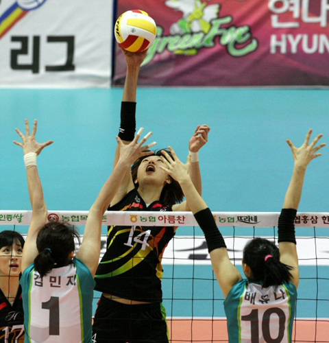 10일 수원실내체육관에서 벌어진 배구 V리그 GS칼텍스와 현대건설의 경기에서 현대건설 양효진(뒤)이 GS칼텍스 김민지, 배유나의 블로킹을 앞에 두고 살짝 볼을 넘기고 있다. 이날 경기는 GS칼텍스가 풀세트 듀스까지 가는 접전 끝에 3(25-18, 17-25, 25-20, 19-25, 18-16)2로 극적인 승리를 거뒀다. 