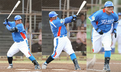  19일 오전 미국 하와이 호놀룰루 센트럴 오아후 리저널파크에서 열린 WBC 야구 대표팀-한화 이글스 연습경기에서 대표팀 김태균이 타격을 한 후 1루로 전력 질주하고 있다. 