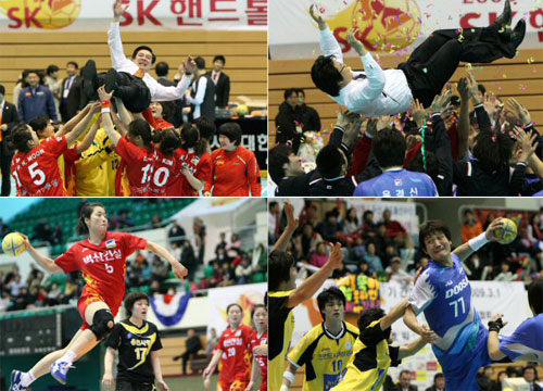 1일 오후 성남실내체육관에서 열린 2009 SK 핸드볼큰잔치 여자부 결승에서 우승을 차지한 벽산건설 선수들이 임영철 감독을 헹가래하고 있다.(왼쪽) 오른쪽은 남자부 우승팀 두산이 이상섭 감독을 헹가래하는 모습. 그리고 남녀 MVP를 차지한 벽산건설 문필희(아래 왼쪽)와 두산 윤경신. 