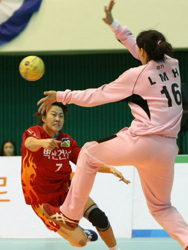 1일 오후 성남실내체육관에서 열린 2009 SK 핸드볼큰잔치 여자부 결승 벽산건설과 용인시청의 경기에서 벽산건설 김남선(왼쪽)이 용인시청 골키퍼 이민희를 앞에 두고 슛을 날리고 있다. 