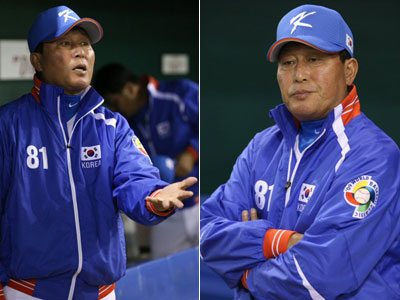 3일 일본 도쿄돔에서 WBC 대한민국 야구 대표팀과 일본 프로야구 요미우리 자이언츠의 연습경기 전, 김인식 야구 대표팀 감독이 추신수의 대회 출장 여부가 오늘밤에 결정된다고 밝히고 있다. 