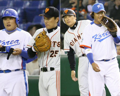 3일 오후 일본 도쿄돔에서 열린 WBC 대한민국 야구 대표팀과 일본 프로야구 요미우리 자이언츠의 연습경기, 한국 김태균이 2회말 1사 상황에서 안타를 친 후 요미우리 1루수 이승엽과 나란히 서있다. (사진 왼쪽)<BR>내야안타로 출루한 요미우리 이승엽이 한국 1루수 이대호와 함께 서 있다.(사진 오른쪽)
<table width="250" border="0" align="right" cellpadding="2" cellspacing="1" bgcolor=D0D0D0 hspace="10"><tr bgcolor=ffffff><td><img src="http://news.kbs.co.kr/image/title_relation.gif" align="absmiddle"><font style="font-size:9pt" class="news_politics"><b> 관련 포토뉴스</b></FONT></td></tr><tr bgcolor=ffffff> <td class="link2" > <a href="http://sports.kbs.co.kr/article/baseball/200903/20090303/1732613.html"><font color=1881C3><b> - 김인식 “해결사 승엽이 필요해”</b></font></a></td></tr></table> 