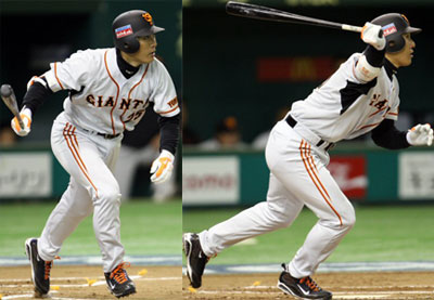 3일 오후 일본 도쿄돔에서 열린 WBC 대한민국 야구 대표팀과 일본 프로야구 요미우리 자이언츠의 연습경기, 요미우리 이승엽이 1회초 2사 1, 2루 상황에서 2타점 2루타를 치고 있다. 