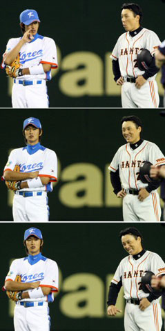 3일 오후 일본 도쿄돔에서 열린 WBC 대한민국 야구 대표팀과 일본 프로야구 요미우리 자이언츠의 연습경기,  요미우리 이승엽이 2루까지 진루한 후 한국 내야수 박기혁과 대화를 하고 있다. 