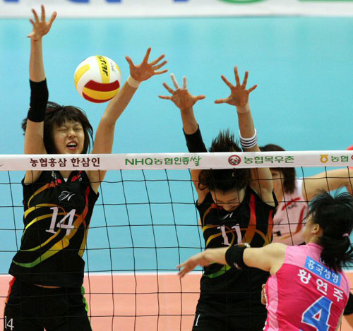 5일 수원실내체육관에서 벌어진 2008-2009 프로배구 여자부 흥국생명-현대건설 경기에서 흥국생명 황연주의 스파이크를 현대건설 양효진(왼쪽), 한유미가 필사적으로 블로킹하고 있다. 