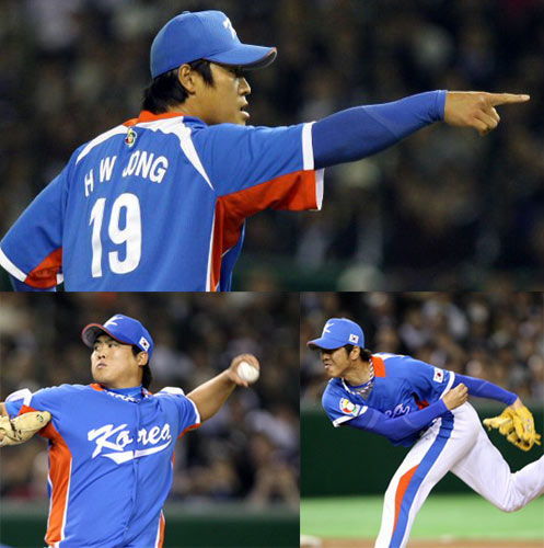  9일 도쿄돔에서 열린 WBC 아시아라운드 한국과 일본의 결승전 6회말 봉중근과 교체한 정현욱이 심판에게 스윙이 아니냐는 신호를 보내고 있다. <br> 8회말, 류현진이 힘차게 공을 던지고 있다.<br> 8회말, 임창용이 힘차게 공을 던지고 있다. 