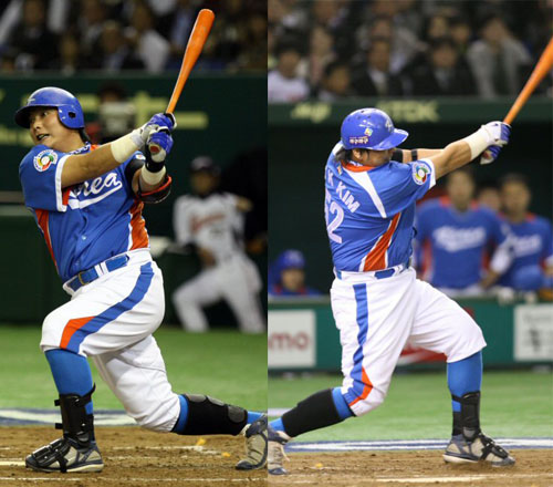  9일 오후 도쿄 도쿄돔에서 열린 월드베이스볼클래식(WBC) 아시아라운드 1-2위 결정전 한국과 일본의 경기 4회초 1사 1,2루, 김태균이 안타를 치고 있다. 