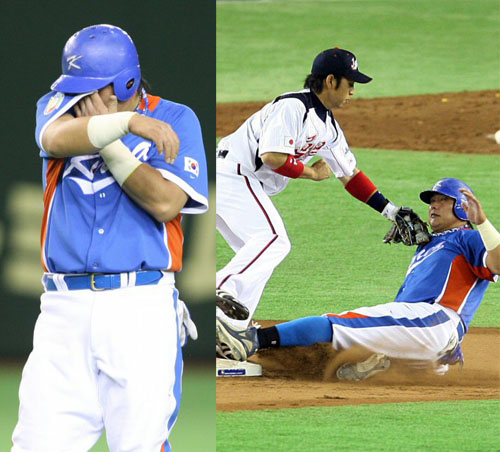   9일 오후 도쿄 도쿄돔에서 열린 월드베이스볼클래식(WBC) 아시아라운드 1-2위 결정전 한국과 일본의 경기 4회초 2사 1,2루, 이용규 타석 때 2루에 있던 김태균이 투수 견제에 걸려 아웃된 뒤 땀을 닦고 있다. 