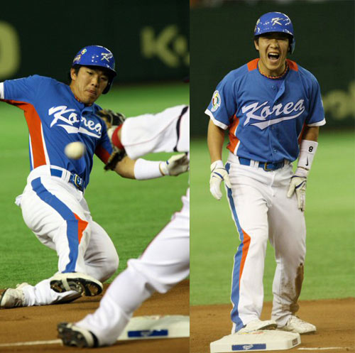 9일 오후 도쿄 도쿄돔에서 열린 월드베이스볼클래식(WBC) 아시아라운드 1-2위 결정전 한국과 일본의 경기 4회초 1사 1,2루, 김태균의 안타 때 1루에 있던 정근우가 3루까지 주루 플레이를 시도하다 아웃되고 있다. 