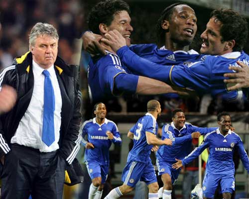 10일(현지 시간) 이탈리아 토리노 올림피코스타디오서 열린 2008-09시즌 UEFA 챔피언스리그 16강 2차전 첼시 대 유벤투스와의 경기에서 첼시가 1승 1무로 8강에 진출했다. 히딩크(왼쪽), 두 번째 골 드록바(오른쪽 위), 첫 번째 골 에시엔(오른쪽 아래) 