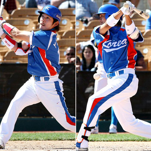 13일(한국시간) 미국 애리조나주 글렌데이 카멜백 랜치 스타디움에서 열린 WBC 대표팀과 메이저리그 LA 다저스의 연습경기 2회초 무사 상황에서 타석에 들어선 이용규와 박기혁이 아웃을 당하고 있다. 