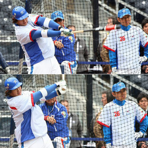 15일(한국시간) 미국 캘리포니아주 샌디에이고 펫코파크에서 대한민국 야구 대표팀 이대호가 월드베이스볼클래식(WBC) 2라운드 멕시코와의 첫 경기에 대비해 타격 훈련을 하고 있다. 