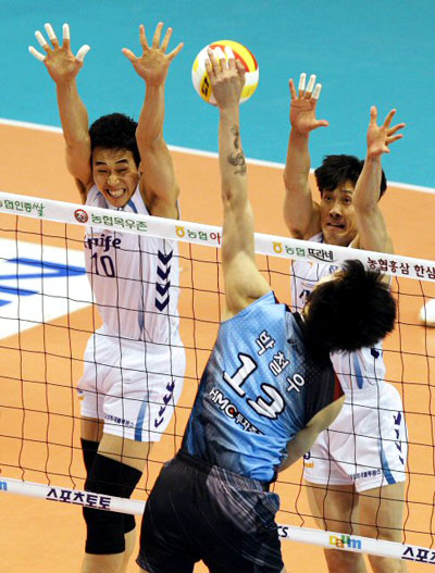 15일 대전 충무체육관에서 벌어진 2008-2009 프로배구 현대캐피탈과 삼성화재의 경기에서 현대 박철우가 강력한 스파이크를 시도하고 있다. 