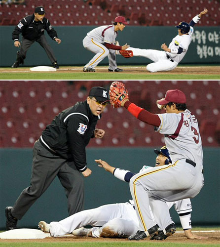 14일 서울 잠실야구장에서 열린 프로야구 두산과 히어로즈의 경기에서 3회 말 무사 두산 임재철의 외야안타 때 1루주자 최승환이 3루에서 아웃당하고 있다. 