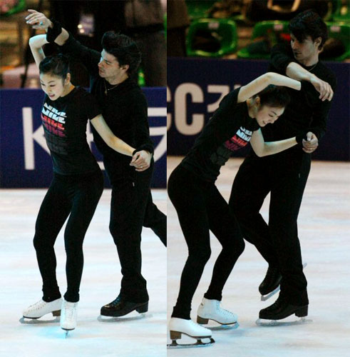피겨퀸 김연아가 오는 24일부터 열리는 'KCC스위첸 페스타 온 아이스 2009'를 앞두고 23일 오후 일산킨텍스 특설링크에서 스테판 람비에(스위스)와 호흡을 맞추고 있다. 