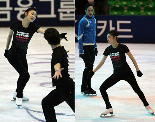대표이미지  (사진 왼쪽) 피겨퀸 김연아가 오는 24일부터 열리는 'KCC스위첸 페스타 온 아이스 2009'를 앞두고 23일 오후 일산킨텍스 특설링크에서 스테판 람비에(스위스)와 호흡을 맞추고 있다. (사진 오른쪽) 피겨퀸 김연아가 조니 위어가 지켜보는 가운데 뮤지컬 맘마미아 곡에 맞춰 연습을 하고 있다. 
