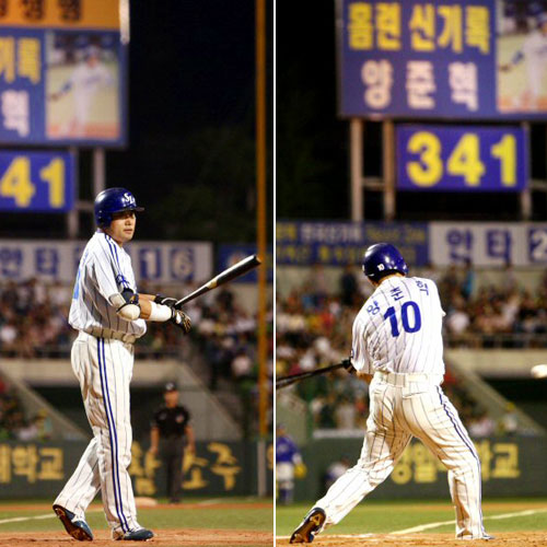 9일 오후 대구구장에서 열린 `2009 CJ 마구마구 프로야구` LG 트윈스와 삼성 라이온즈의 경기 6회말 무사에서 삼성 양준혁이 LG 류택현으로 부터 좌월 솔로홈런을 치면서 개인 통산 최다홈런 신기록(341개)을 달성하고 있다. 