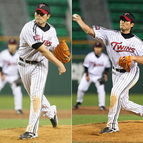 12일 오후 서울 잠실야구장에서 열린 2009 프로야구 LG 트윈스-SK 와이번스 경기, 12회초 LG 투수 우규민이 SK 타자 모창민의 몸으로 공을 던져 퇴장 당하자 LG 지명타자 최동수가 투수로 깜짝 변신해 역투하고 있다. 최동수는 2사 1, 3루 상황에서 박경완을 2구만에 2루 플라이아웃으로 처리했다.
SK가 연장 12회 접전 끝에 LG를 16대10으로 물리쳤다. 
