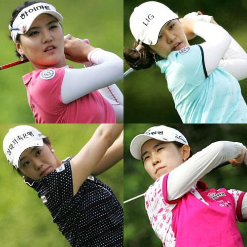 24일 강원도 춘천 라데나 골프장에서 열린 한국여자프로골프(KLPGA) 투어 두산매치플레이 챔피언십 마지막날 (왼쪽부터 시계방향) 유소연-최혜용, 정혜진-이현주가 티샷을 날리고 있다. 