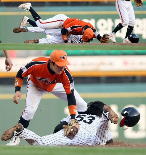 24일 오후 잠실야구장에서 열린 프로야구 LG 대 한화 경기. 6회말 LG공격 무사 1루 정성훈 타석 때 1루주자 이대형이 2루 도루를 성공하고 있다. 