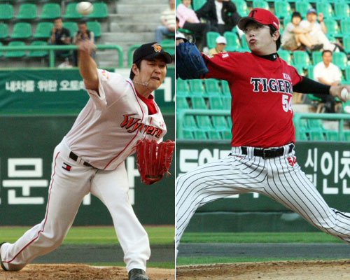26일 인천 문학구장에서 열린 2009 프로야구 SK 와이번스-KIA 타이거즈 경기, SK 선발 투수 송은범(왼쪽)과  KIA 선발 투수 양현종이 역투하고 있다. 