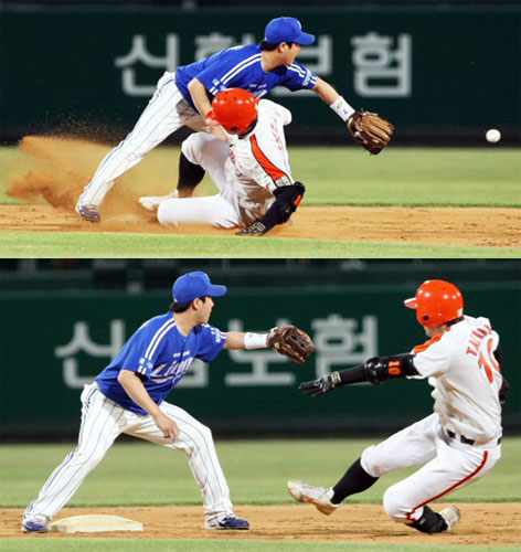 26일 청주야구장에서 열린 2009 프로야구 한화 이글스-삼성 라이온즈 경기, 한화 김태완이 2루타를 친 후 슬라이딩을 하고 있다. 