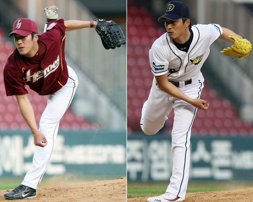 26일 서울 잠실구장에서 열린 2009 프로야구 두산 베어스-히어로즈 경기, 히어로즈 선발 투수 김성현(왼쪽)과 두산 선발 투수 김상현이 역투하고 있다. 