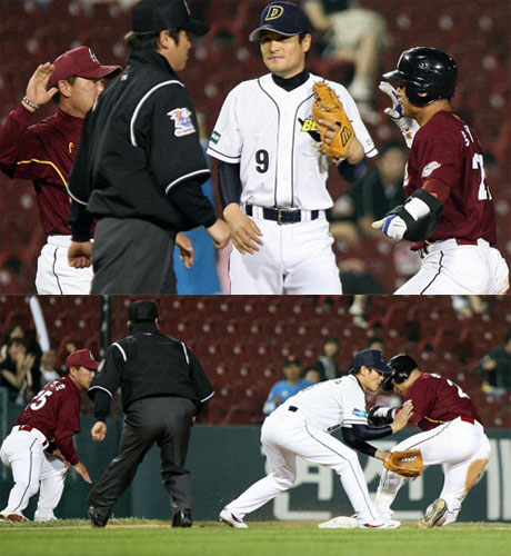 26일 서울 잠실구장에서 열린 2009 프로야구 두산 베어스-히어로즈 경기, 히어로즈 송지만이 9회초 적시타를 친 후 3루까지 진루하고 있다. 