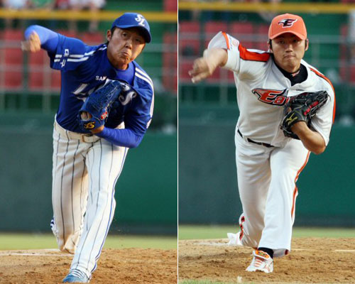 27일 청주야구장에서 열린 2009 프로야구 한화 이글스-삼성 라이온즈 경기, 삼성 선발 투수 배영수(왼쪽)와 한화 선발 투수 안영명이 역투하고 있다. 