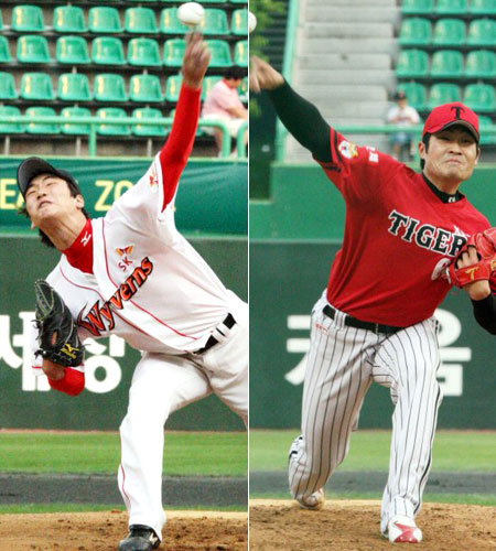 28일 인천 문학구장에서 열린 프로야구 SK 와이번스-KIA 타이거즈의 경기. SK 선발 김광현(사진 왼쪽)과 KIA 선발 곽정철이 힘차게 공을 던지고 있다. 