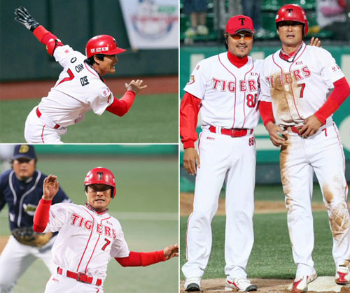 KIA 타이거즈 이종범이 2일 광주 무등경기장에서 벌어진 '2009 프로야구' 두산 베어스와의 홈경기에서 3회말 1사때 9번 이현곤의 1루타로 1루에 있다가 3루까지 진루하자 최태원 코치가 등을 두드리며 격려하고 있다. (오른쪽 사진) 이종범은 이날 안타를 하나 추가해 통산 2천500루타를 달성했으며(왼쪽 상단 사진) 도루도 500개 달성을 눈앞에 두고 있다. 