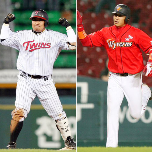  12일 오후 서울 잠실야구장에서 열린 LG와 SK의 2009 프로야구 경기. LG 조인성이 6회말 2사 2,3루에서 2타점 2루타를 치고 환호하고 있다.(사진 왼쪽) SK 김강민이 7회초 선두타자로 나와 동점 홈런을 날리고 베이스를 돌고 있다. 