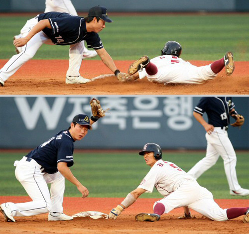   1일 서울 목동구장에서 벌어진 2009 프로야구 히어로즈와 두산 경기 3회말 1사 1루 히어로즈 브룸바 타석 때 1루주자 김일경이 2루를 훔치는데 성공하고 있다. 두산 2루수는 고영민. 