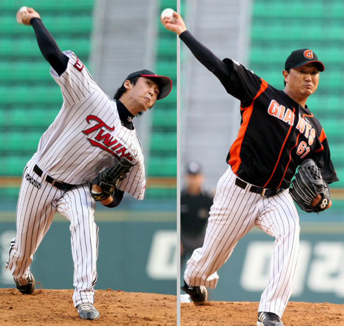  2일 잠실야구장에서 벌어진 2009 프로야구 LG와 롯데 경기 선발등판한 LG 심수창, 롯데 손민한이 역투하고 있다. 