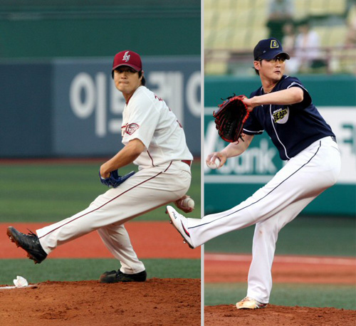   2일 서울 목동야구장에서 열린 프로야구 히어로즈와 두산의 경기에서 히어로즈 선발 김수경, 두산 선발 이재우가 역투하고 있다. 