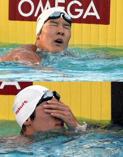  27일(현지시각) 이탈리아 로마 포로 이탈리코 메인풀에서 열린 국제수영연맹(FINA) 세계수영선수권 남자 자유형 200m 준결승, 박태환이 조 5위로 레이스를 마친 후 허탈한 표정을 짓고 있다. 박태환은 1분46초68의 기록으로 전체 16명 중 13위에 머물러 8명이 겨루는 결승에 오르지 못했다. 