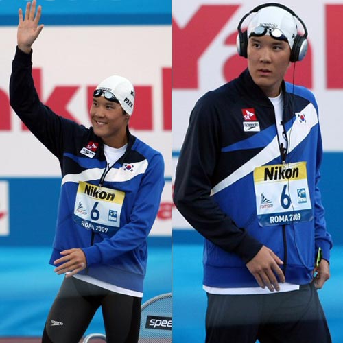 27일(현지시각) 이탈리아 로마 포로 이탈리코 메인풀에서 열린 국제수영연맹(FINA) 세계수영선수권 남자 자유형 200m 준결승, 박태환이 음악을 들으며 입장한후 응원단을 향해 손을 흔들고 있다. 