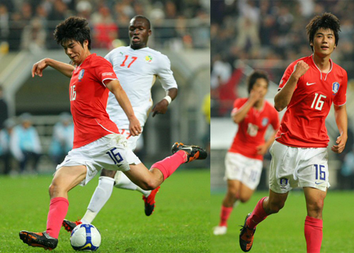 14일 서울월드컵경기장에서 열린 한국과 세네갈의 축구국가대표팀 친선경기에서 기성용이 선취골을 성공시키고 있다.(왼쪽) 기성용이 선취골을 성공시킨 뒤 환호하고 있다.(오른쪽) 