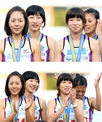 여자400m 계주에서 45초33으로 23년만에 한국신기록을 작성한 김하나(왼쪽 두번째) 등 경북팀 선수들이 22일 대전 한밭종합운동장에서 열린 제90회 전국체전 육상 여자일반 400m 시상식에게 기뻐하고 있다. 